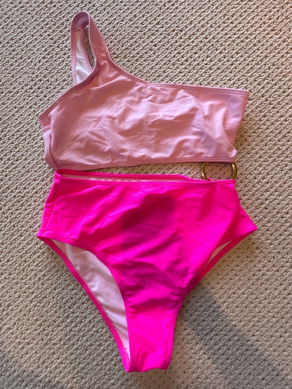 SHEIN One-Shoulder Two-Piece Bikini Swimwear Set in Two-Tone Pink, Size Medium